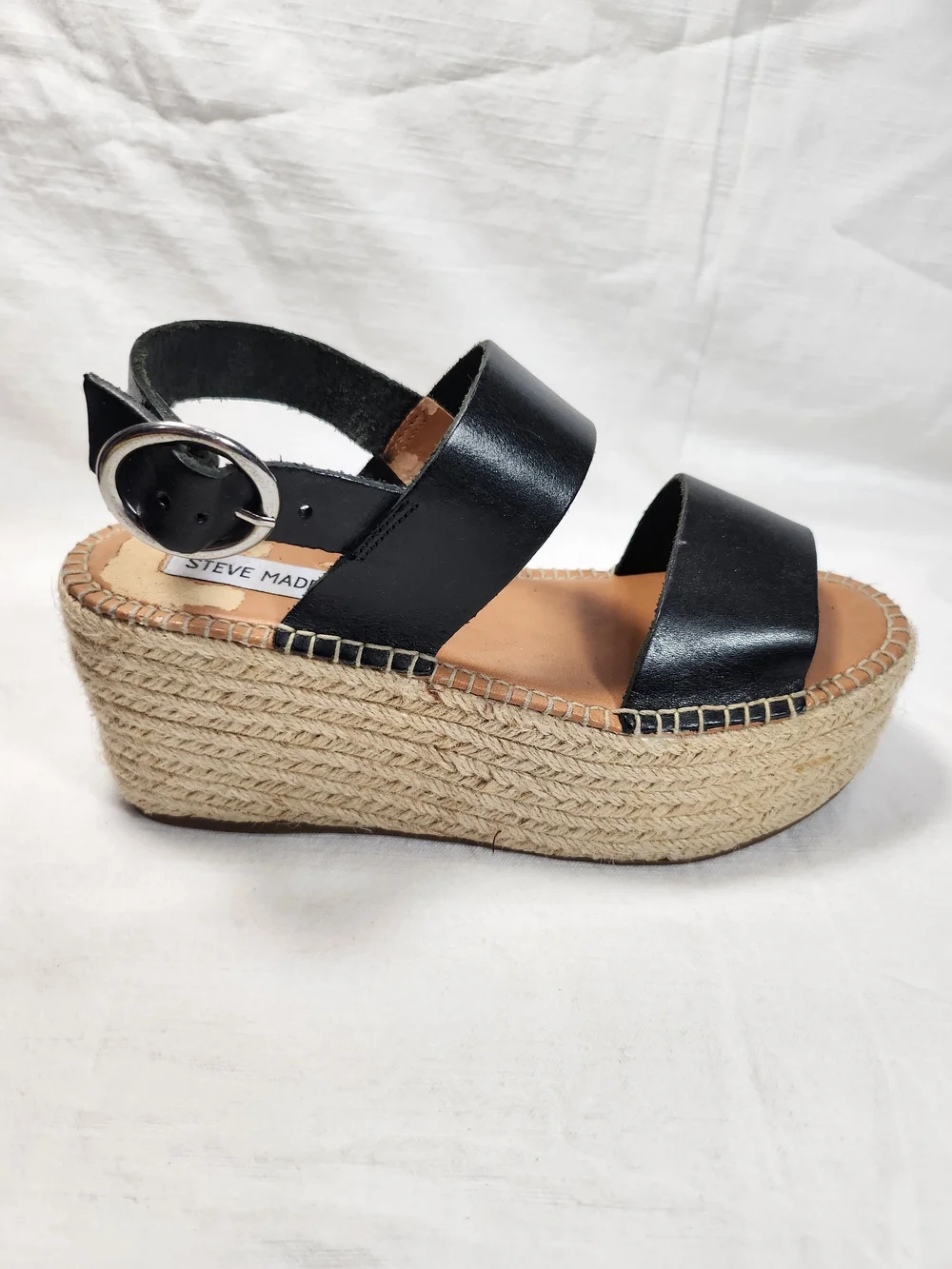 Steve Madden Black Leather Espadrille Platform Wedge Sandals Size 6.5